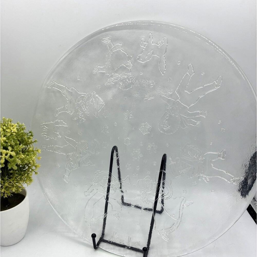 Neiman Marcus Christmas Frosted Glass Serving Tray Skating Children Holiday 13”
